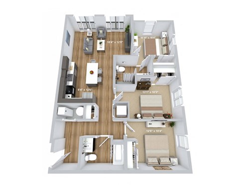 Floor plan for 3 beds, 2 baths, 1147 sqft